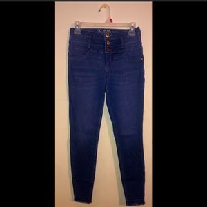 high rise dark skinny jeans